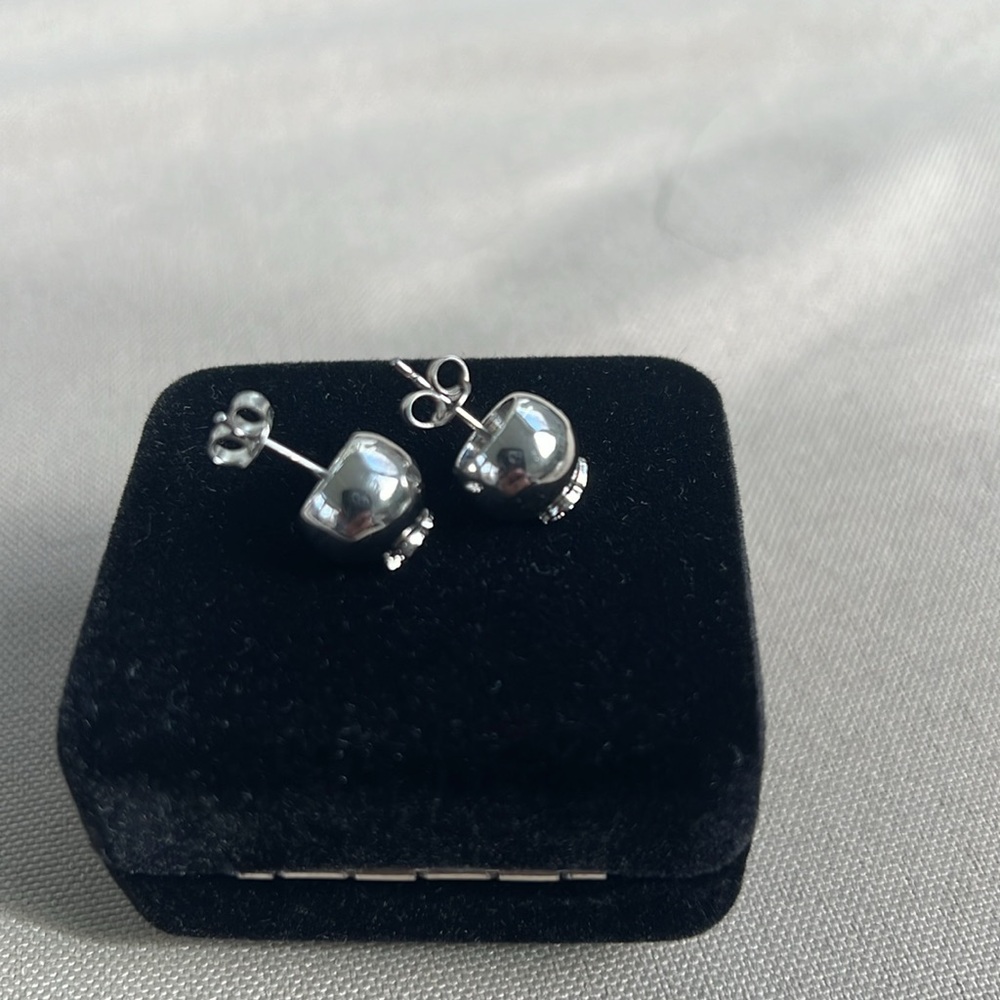 Authentic Chanel silver ball earrings with Chanel logo. - Picture 3 of 11